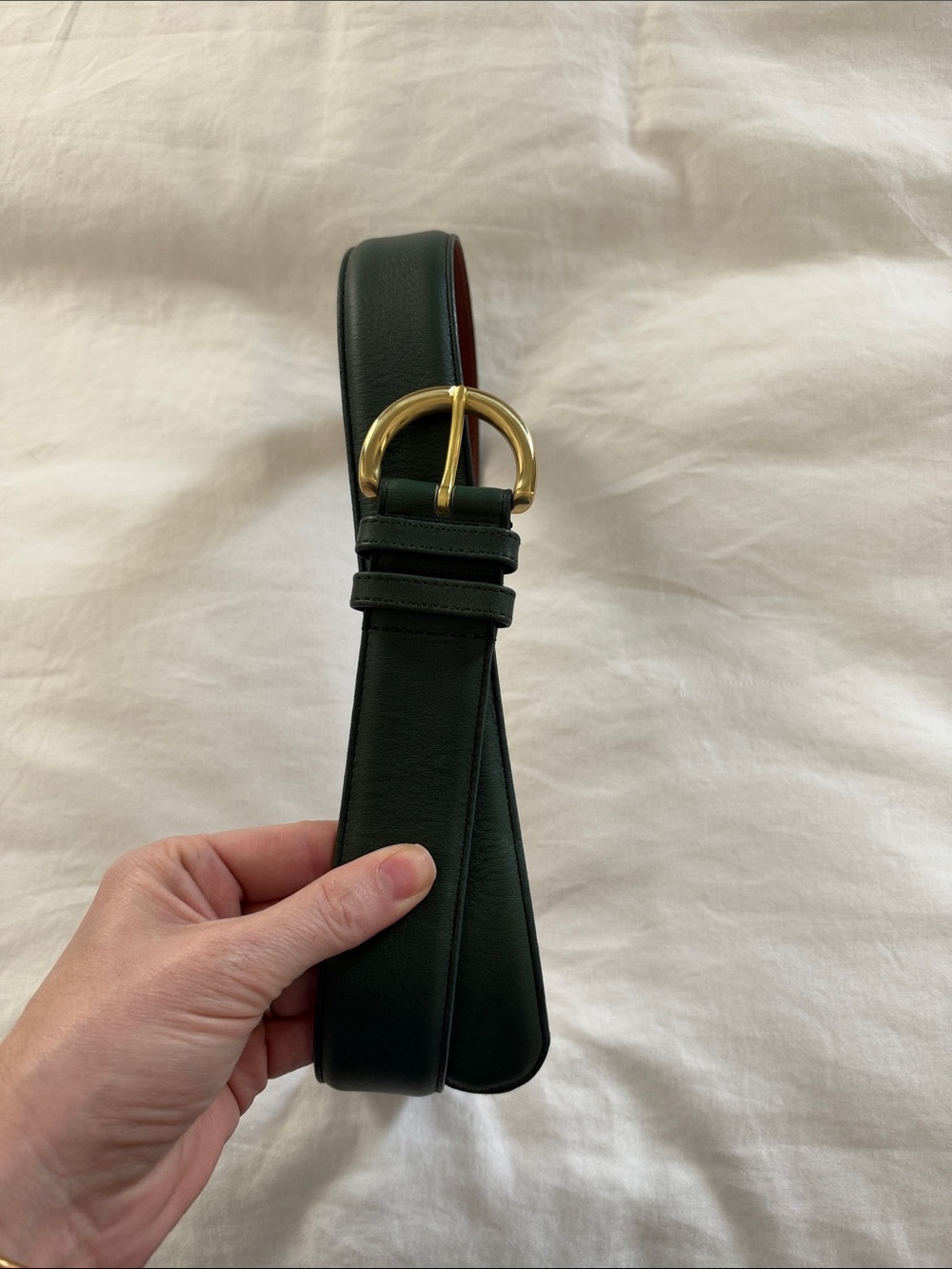 Coach Dark Bottle Green Leather Belt with Gold Round Buckle